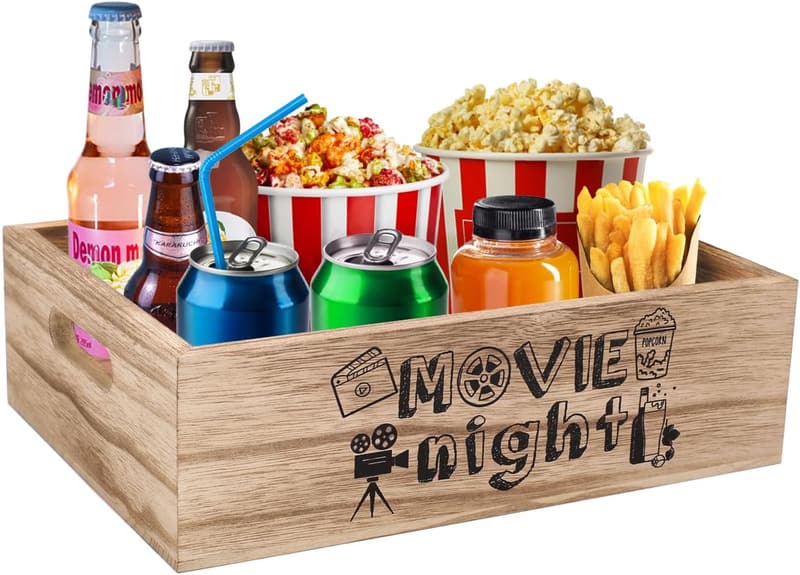Movie Night Snack Organizer - Wooden Tray with Handles for Chips & Candy