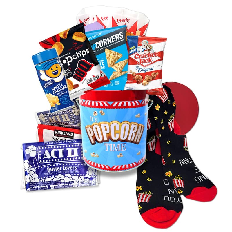 Movie Night Snack Gift Basket with Popcorn Variety & Socks