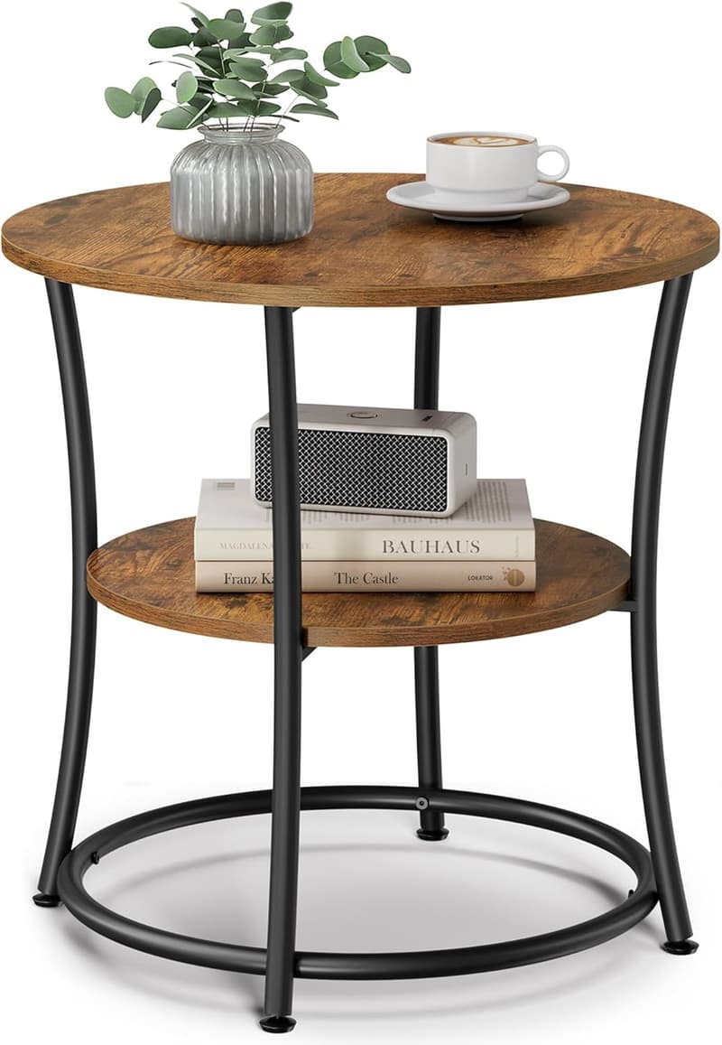 Rustic Brown Round Side Table with 2 Storage Shelves