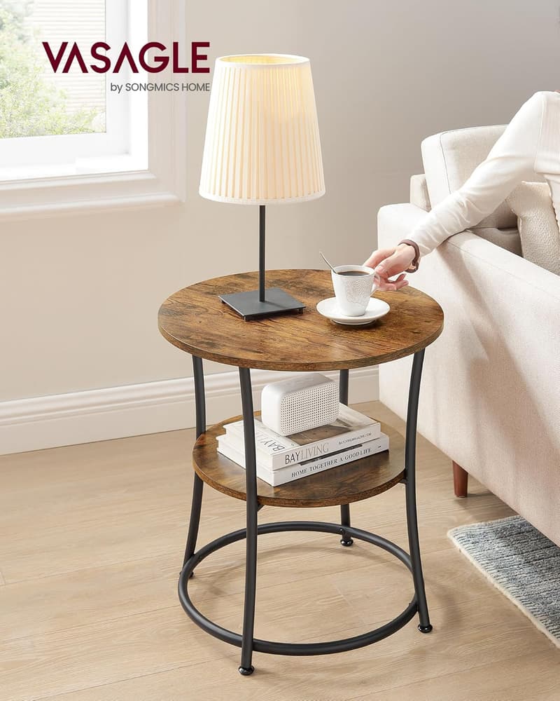 Rustic Brown Round Side Table with 2 Storage Shelves