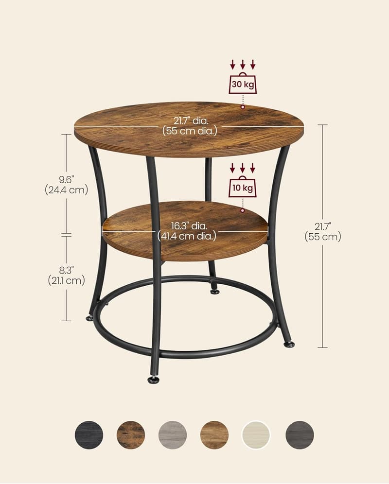 Rustic Brown Round Side Table with 2 Storage Shelves