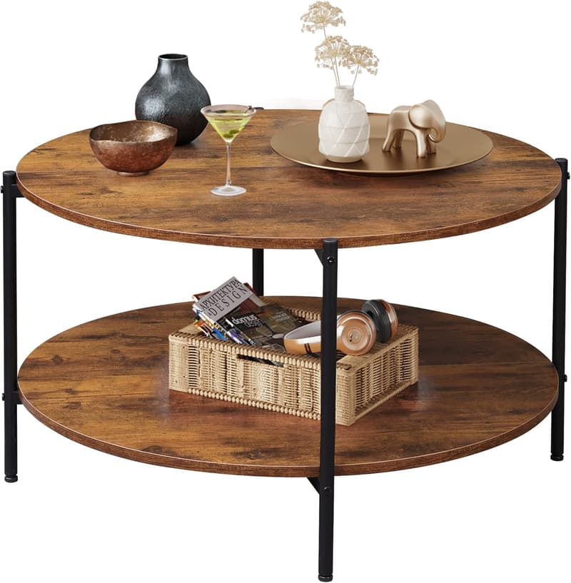 Rustic Brown 2-Tier Round Coffee Table with Storage Shelf