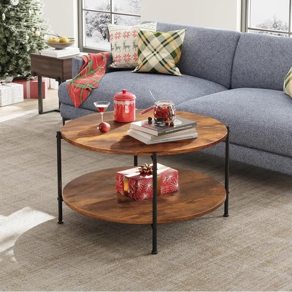 Rustic Brown 2-Tier Round Coffee Table with Storage Shelf