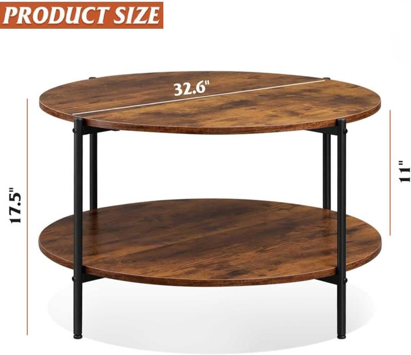 Rustic Brown 2-Tier Round Coffee Table with Storage Shelf