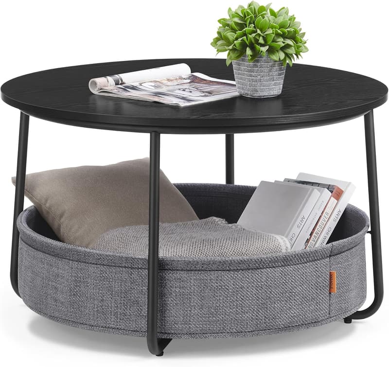 Modern Round Coffee Table with Storage Basket - Ink Black & Slate Gray