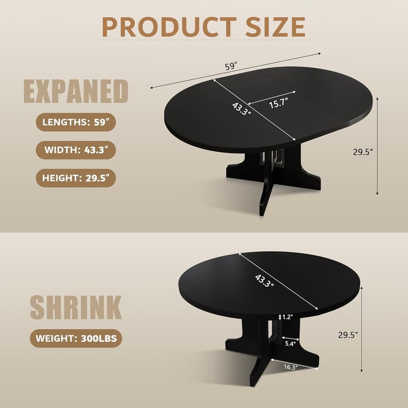 Modern Black Extendable Oval Dining Table for 4-6