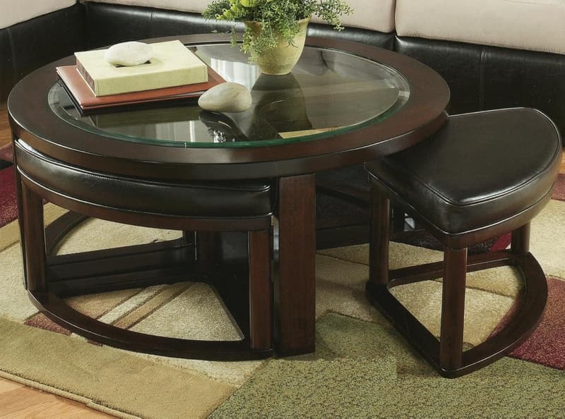 Espresso Solid Wood Coffee Table with 4 Stools