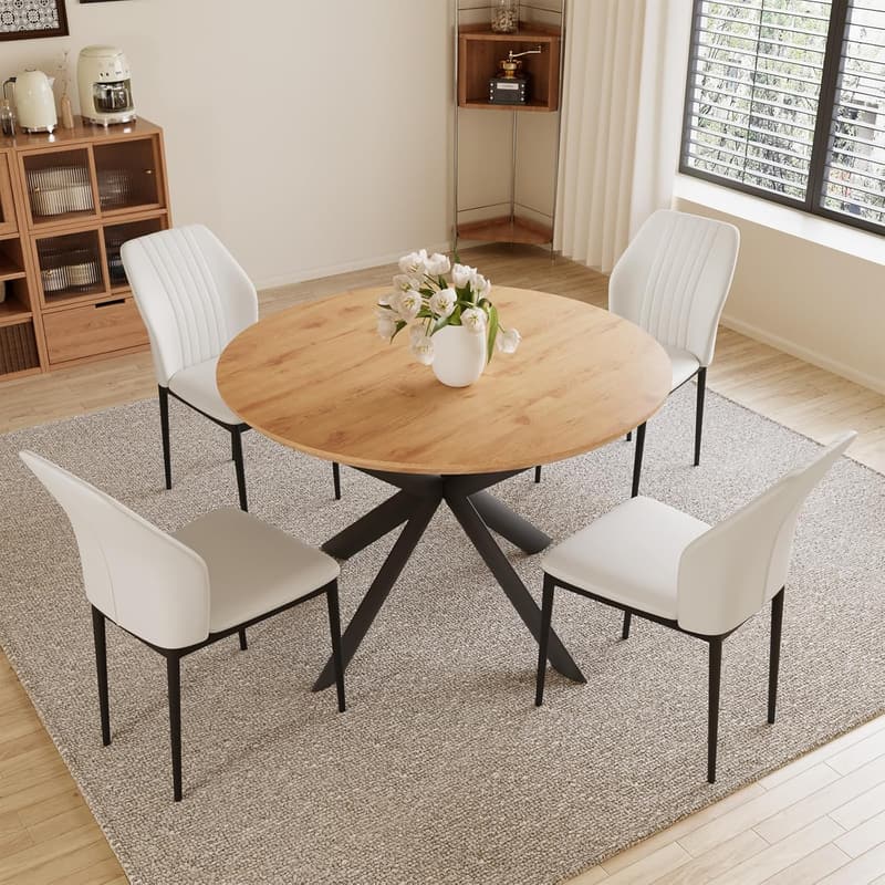 Extendable Round Dining Table Set for 4-6 with Scratch-Resistant MDF