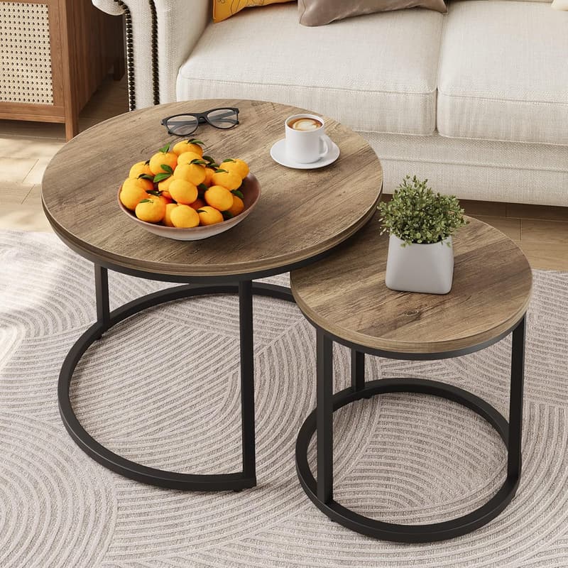 Round Coffee Table Set of 2 with Wood Grain Top
