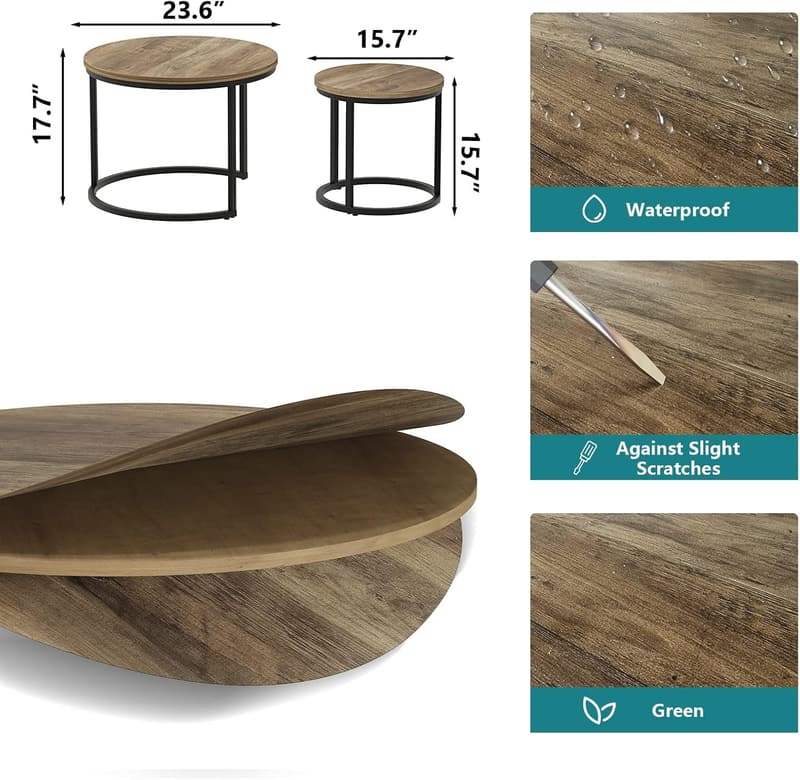 Round Coffee Table Set of 2 with Wood Grain Top