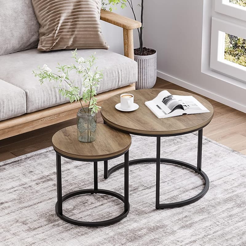 Round Coffee Table Set of 2 with Wood Grain Top