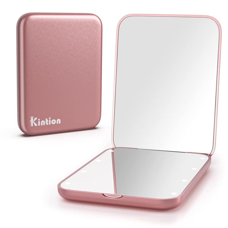 Travel Makeup Mirror with LED Light - 1X/3X Magnification, Rose Gold