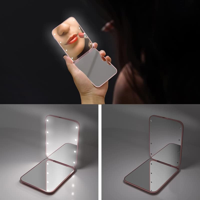 Travel Makeup Mirror with LED Light - 1X/3X Magnification, Rose Gold