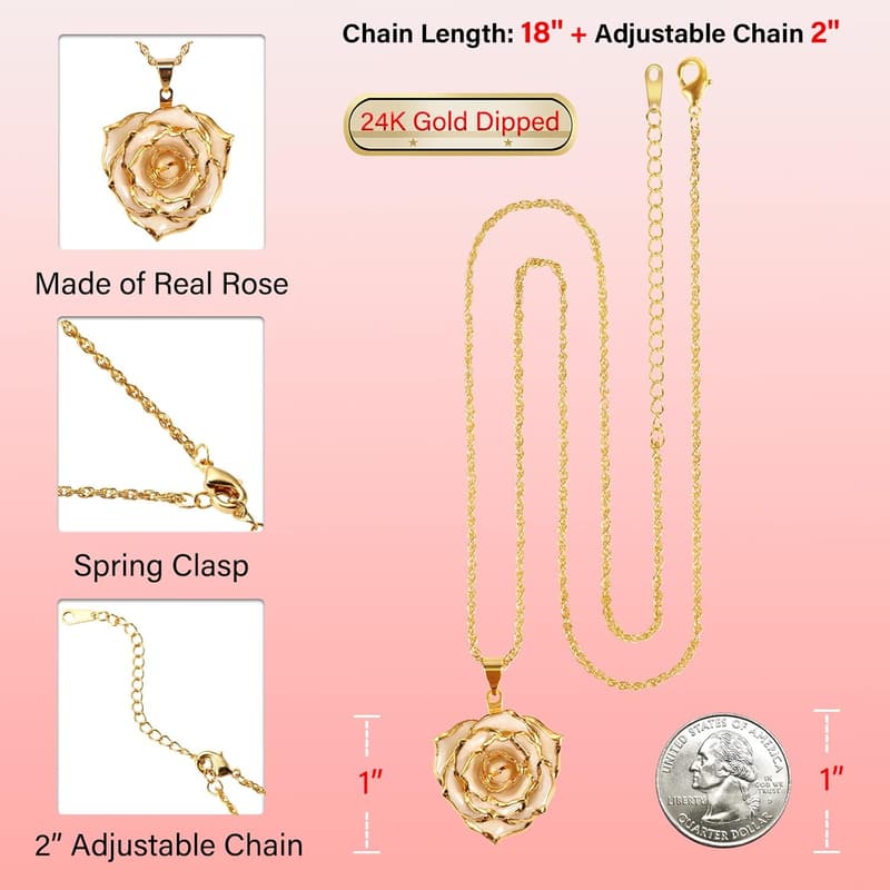 24K Gold Dipped Rose Necklace for Women - Mother's Day Gift