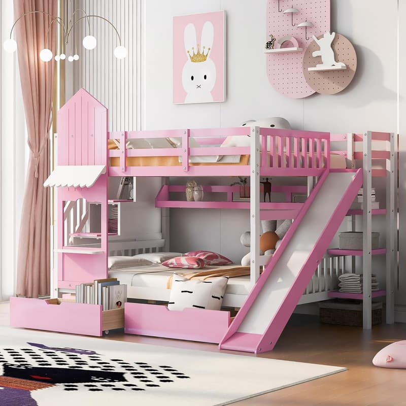Castle Bunk Bed for Kids with Slide, Storage Staircase & Drawers