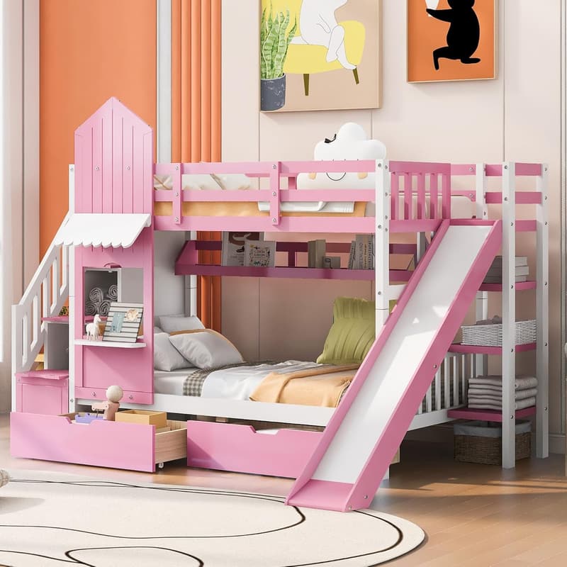 Twin Over Twin Solid Wood Bunk Bed with Stairs & Slide - Pink