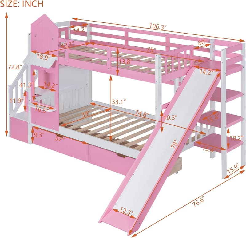 Twin Over Twin Solid Wood Bunk Bed with Stairs & Slide - Pink