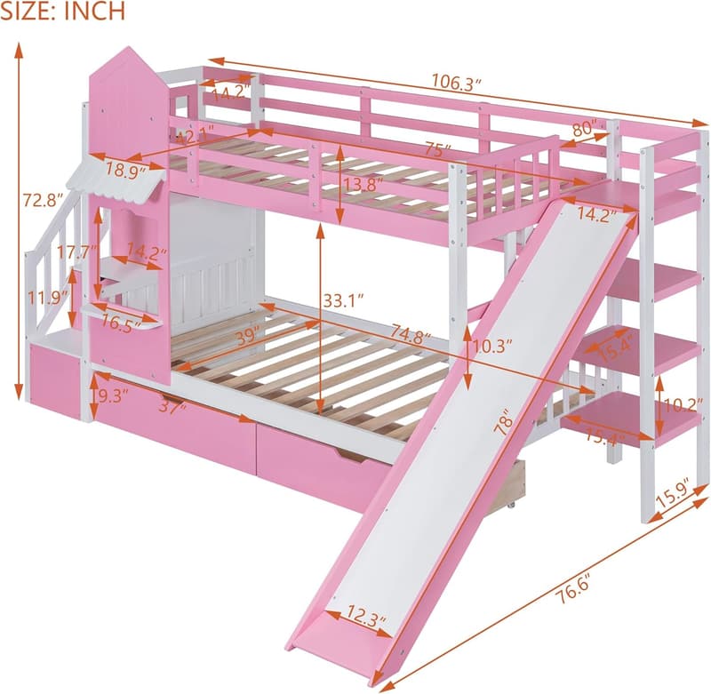 Castle Style Twin Over Twin Bunk Bed with Slide & Storage - Pink