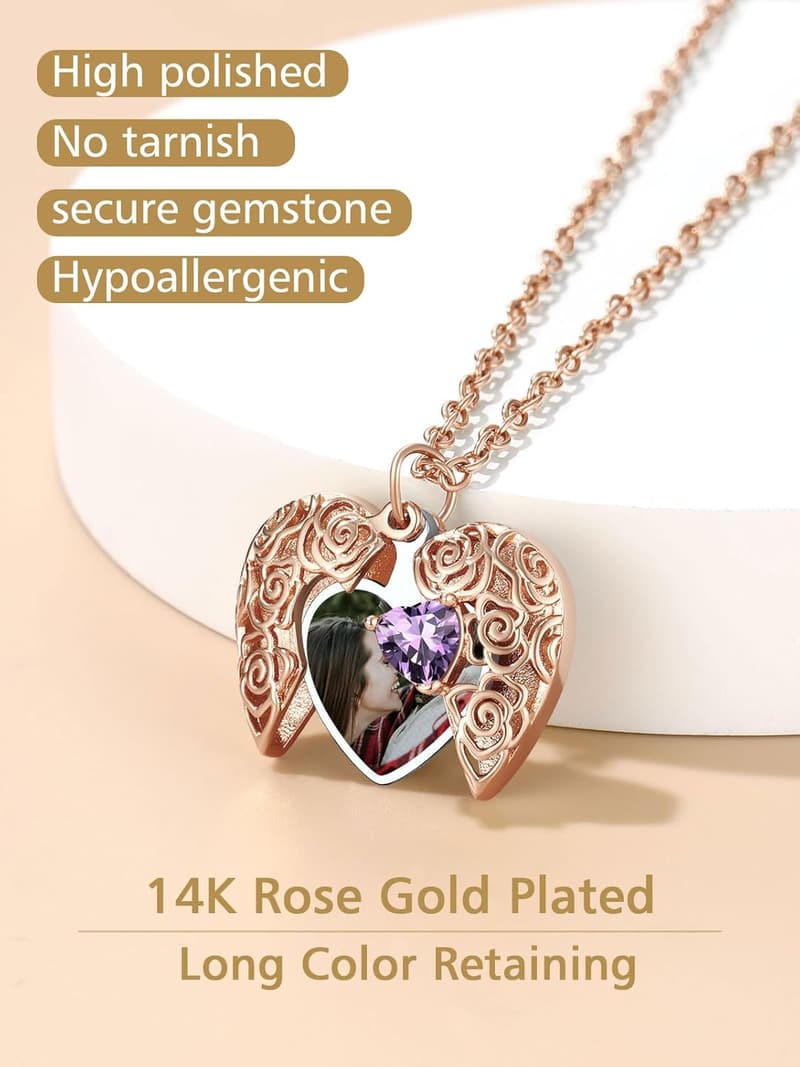 Personalized Heart Photo Locket Necklace with Angel Wings