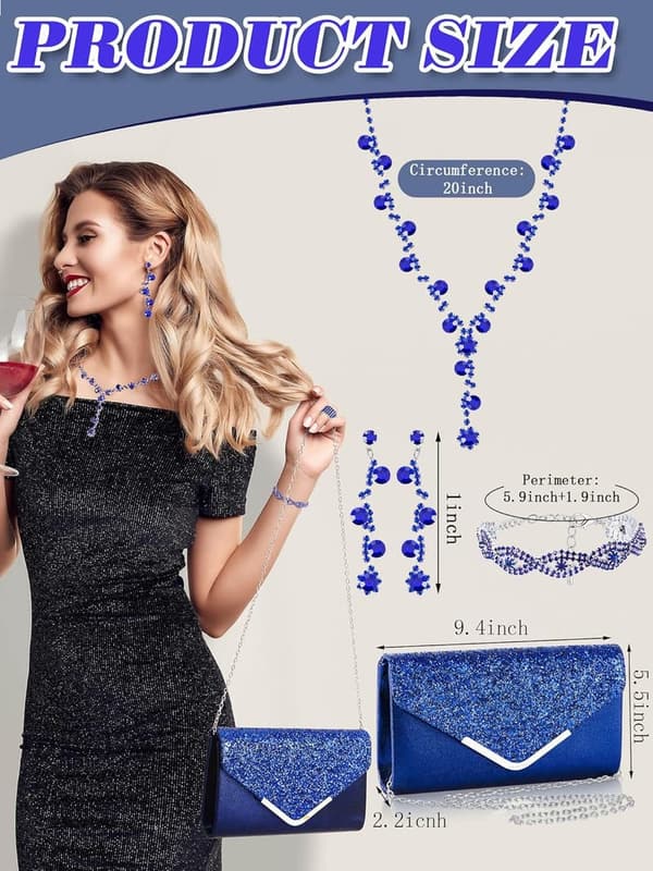 Bridal Rhinestone Jewelry Set with Clutch, Necklace, Earrings, Bracelets