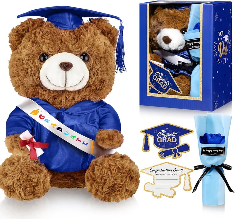 Graduation Gift Set: Stuffed Bear with Cap, Card & Flower Box