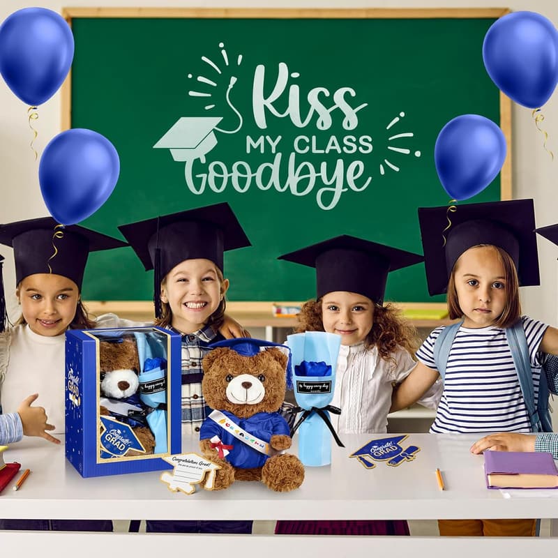 Graduation Gift Set: Stuffed Bear with Cap, Card & Flower Box
