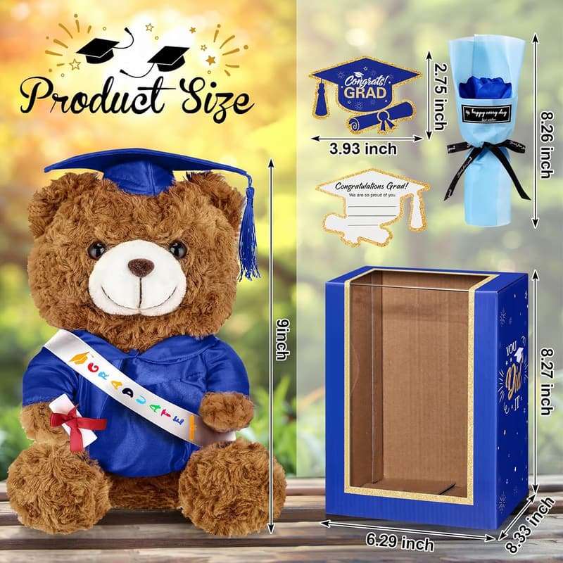 Graduation Gift Set: Stuffed Bear with Cap, Card & Flower Box
