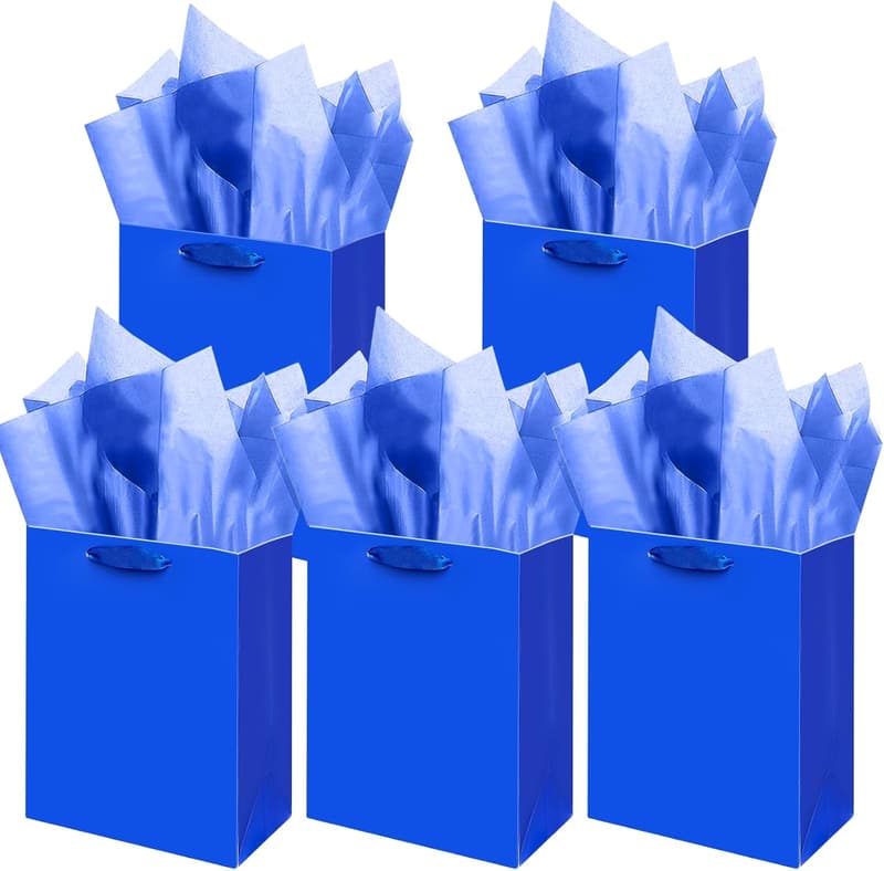 Medium Dark Blue Gift Bags with Tissue Paper - Wedding & Birthday (5 Bags + 10 Tissue)