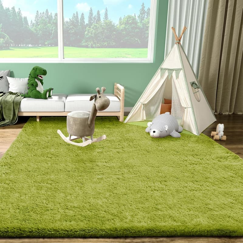 Green Shag Area Rug, Soft Plush Carpet for Kids' Room, 4x6