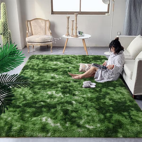 Fluffy Dark Green Area Rug, 3x5 ft Plush Non-Slip Decor