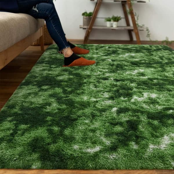 Fluffy Dark Green Area Rug, 3x5 ft Plush Non-Slip Decor