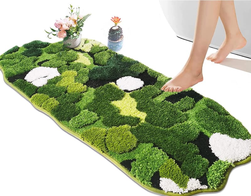 Boho Aesthetic Green Moss Rectangular Bathroom Runner Rug