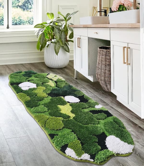 Boho Aesthetic Green Moss Rectangular Bathroom Runner Rug