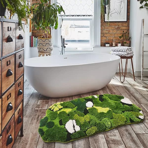 Boho Aesthetic Green Moss Rectangular Bathroom Runner Rug