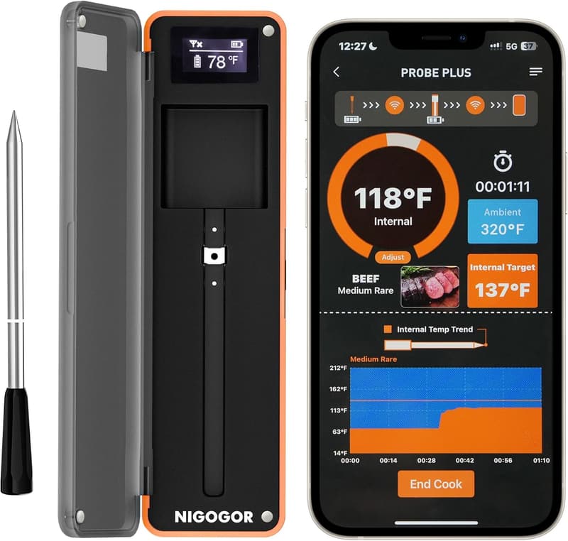 Bluetooth Meat Thermometer with Thin Probe for BBQ & Grilling
