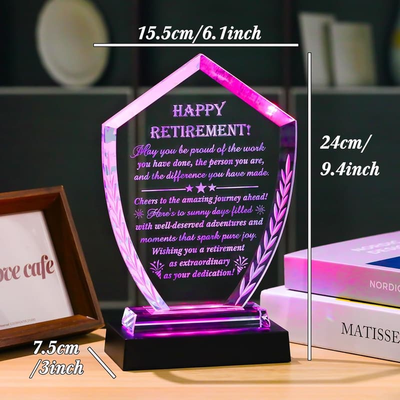 2025 Retirement Gift - Crystal Plaque Keepsake with Light Base