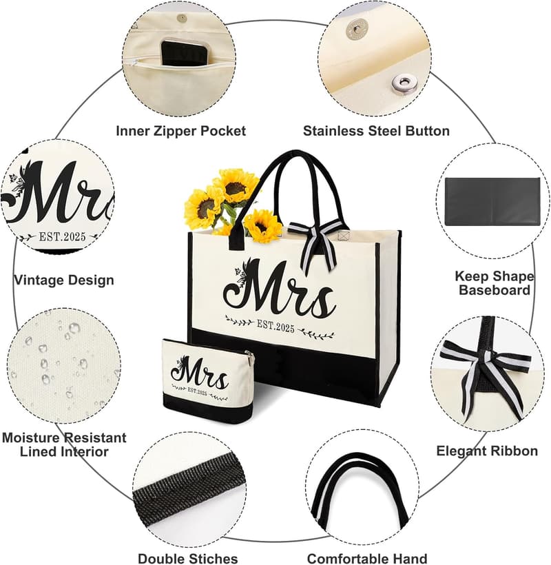Bride Canvas Tote Bag with Makeup Bag - Wedding Gift Set