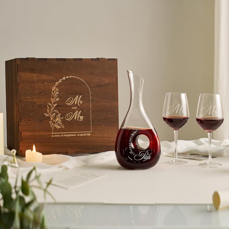 Bridal Shower Gift Set: Mr & Mrs Wine Glasses & Decanter