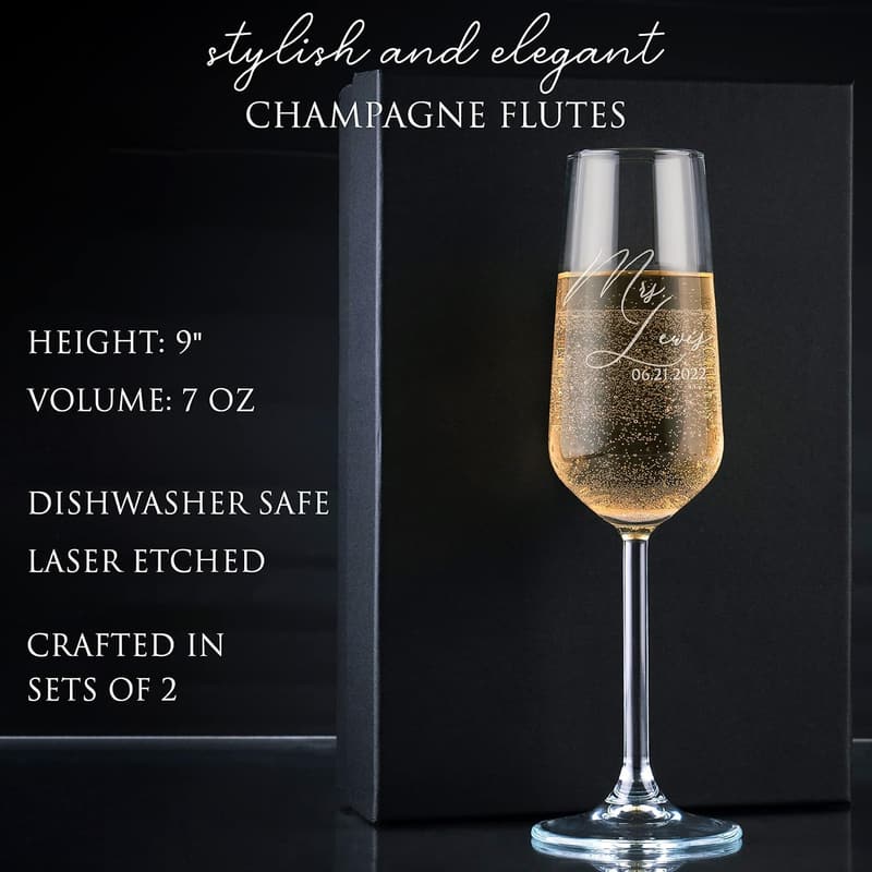 Personalized Wedding Champagne Flutes Set of 2 - 7 oz