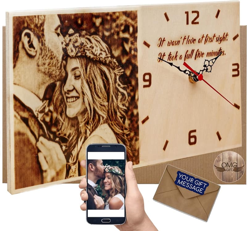 5th Anniversary Personalized Wood Burned Photo Clock