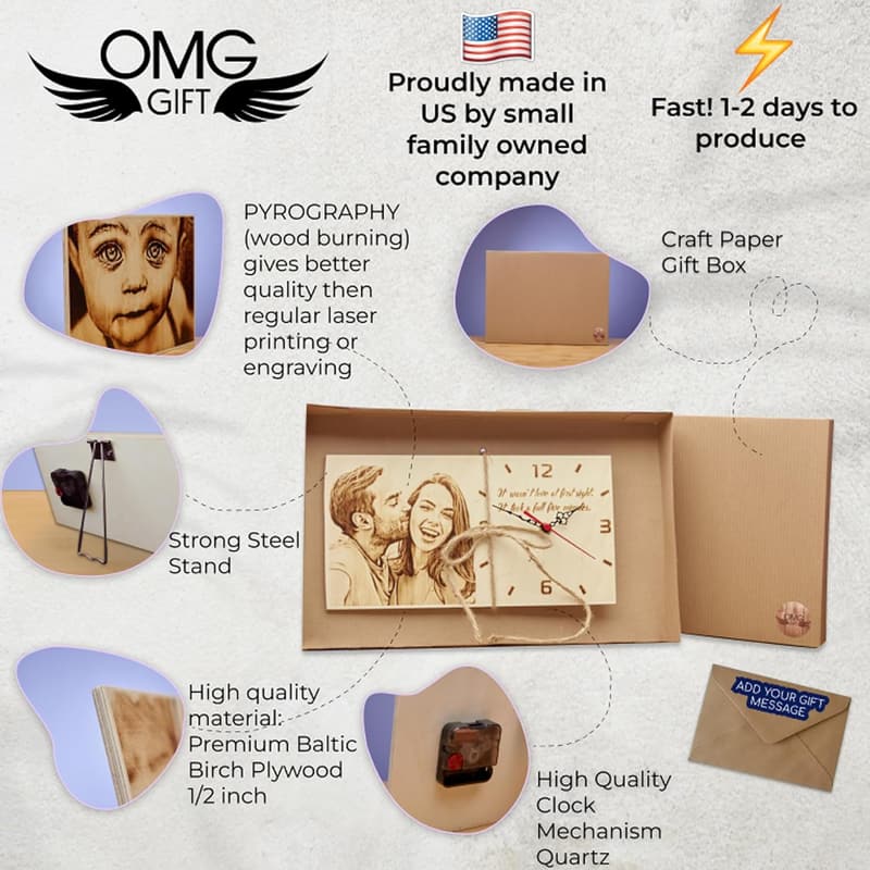 5th Anniversary Personalized Wood Burned Photo Clock