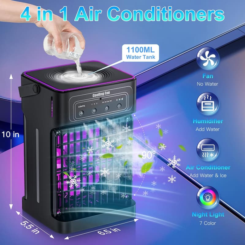 4-IN-1 Portable Air Conditioner with 3 Speeds & Timer