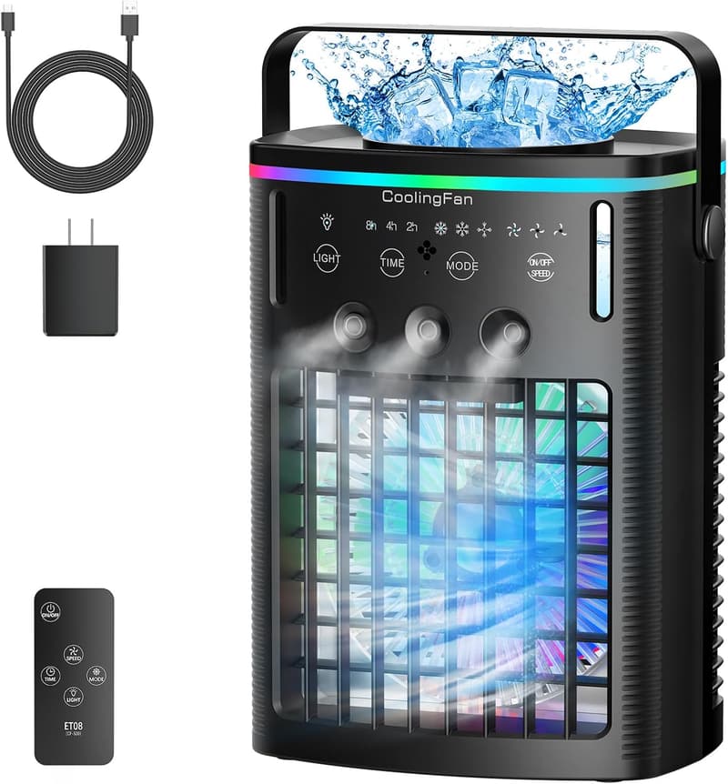 Portable Air Conditioner with Remote, 3 Speeds, 7 LED Lights