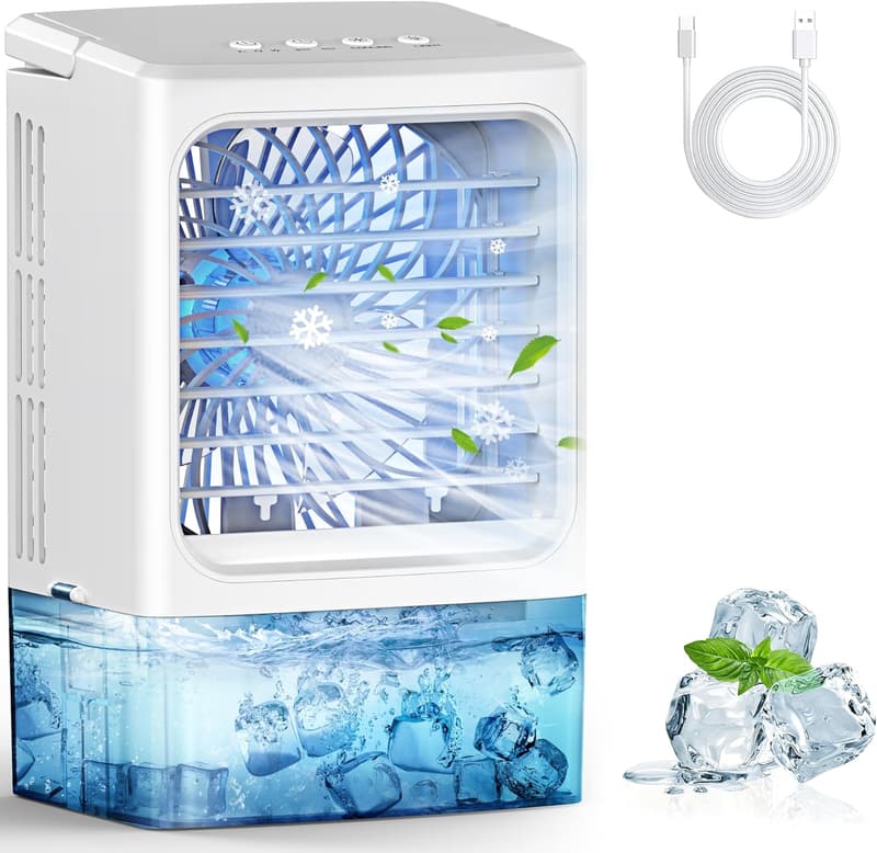 Portable Mini Air Conditioner with LED Night Light, 3 Speeds