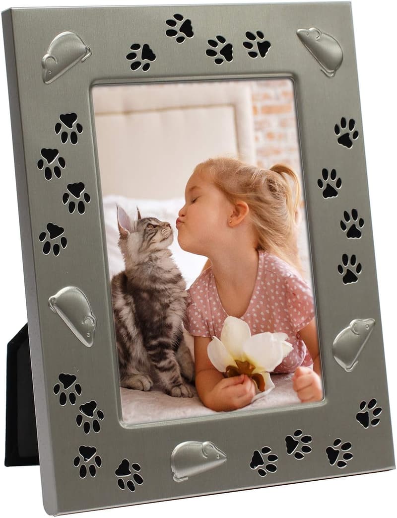 Pet Picture Frame - 4x6 Pewter Cat Design with Mouse & Paw Print