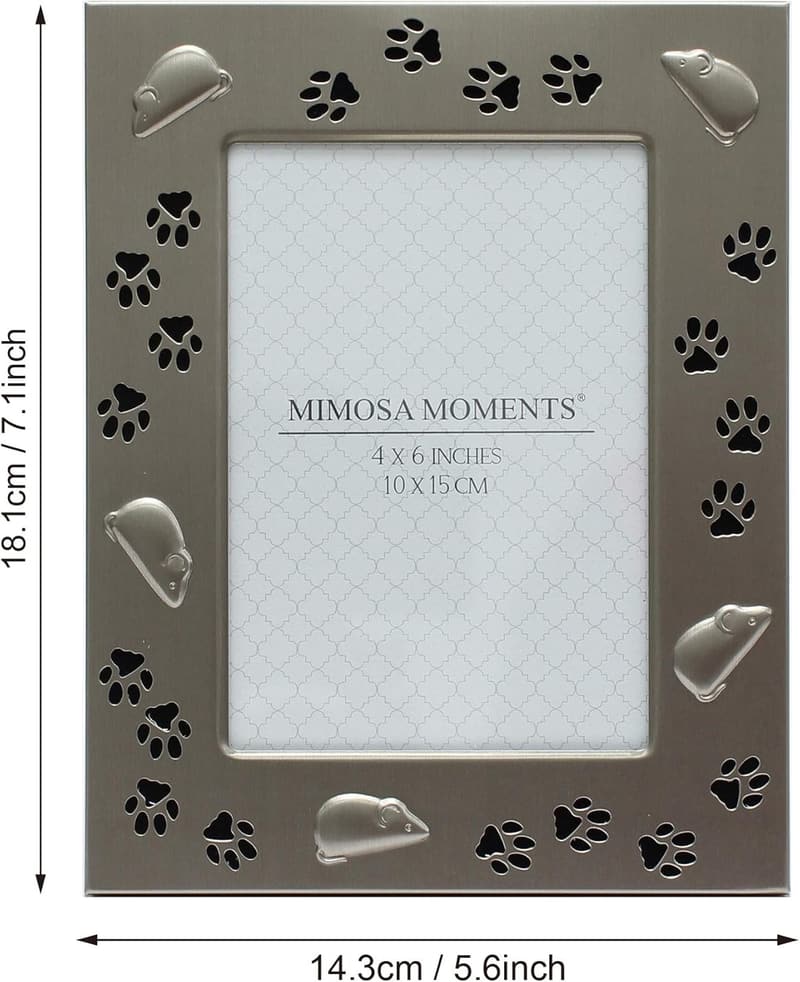 Pet Picture Frame - 4x6 Pewter Cat Design with Mouse & Paw Print