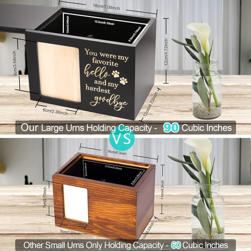 Large Wooden Pet Memorial Urn with Photo Frame and Keepsake Lining