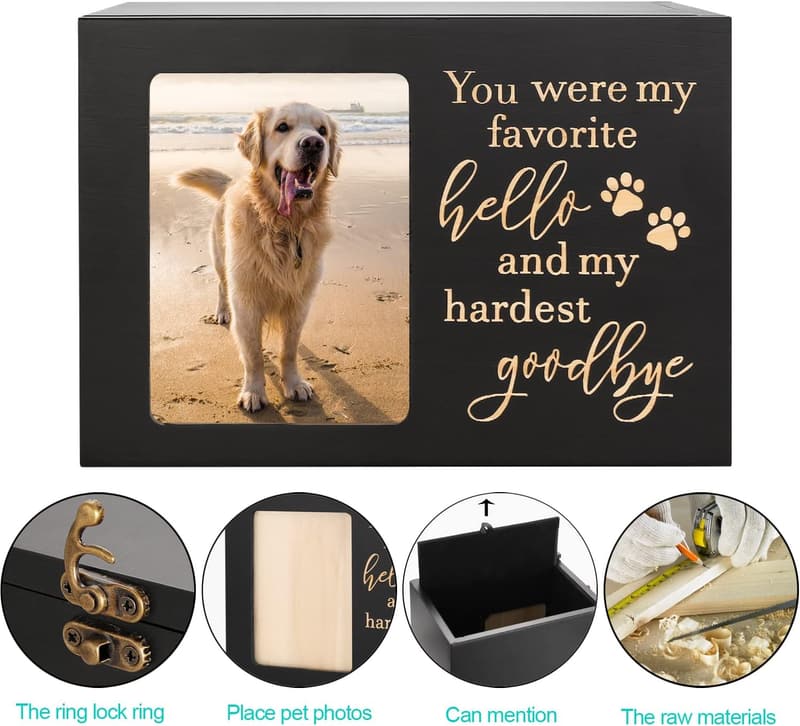 Large Wooden Pet Memorial Urn with Photo Frame and Keepsake Lining