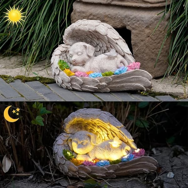 Pet Memorial Stone with Solar Angel Statue for Garden