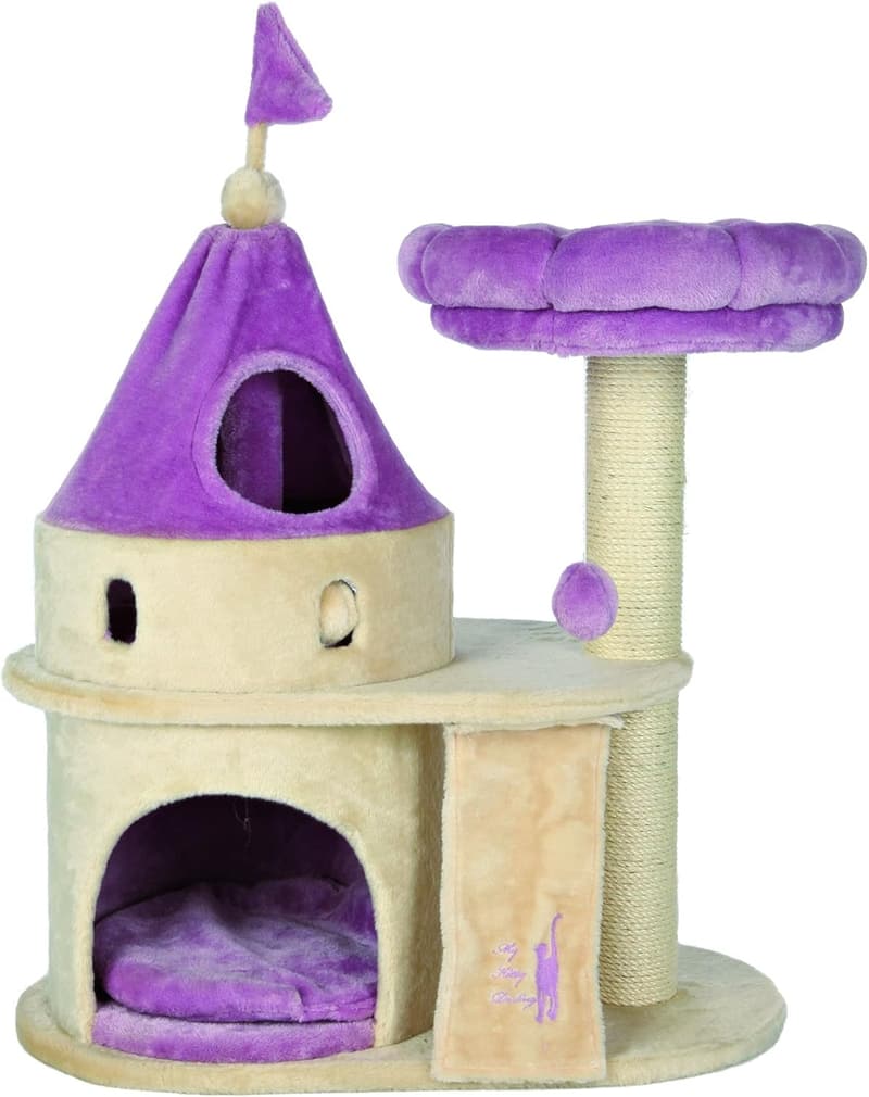 Cat Tree Condo with Scratching Post & Pom Pom Toy - Beige